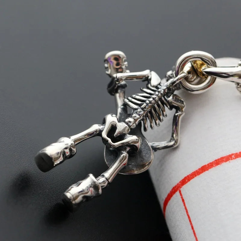 Vintage Skull Playing Guitar Pendant Necklace For Men Fashion Hip Hop Rock Party Stainless Steel Chain Hip-hop Jewelry Gifts
