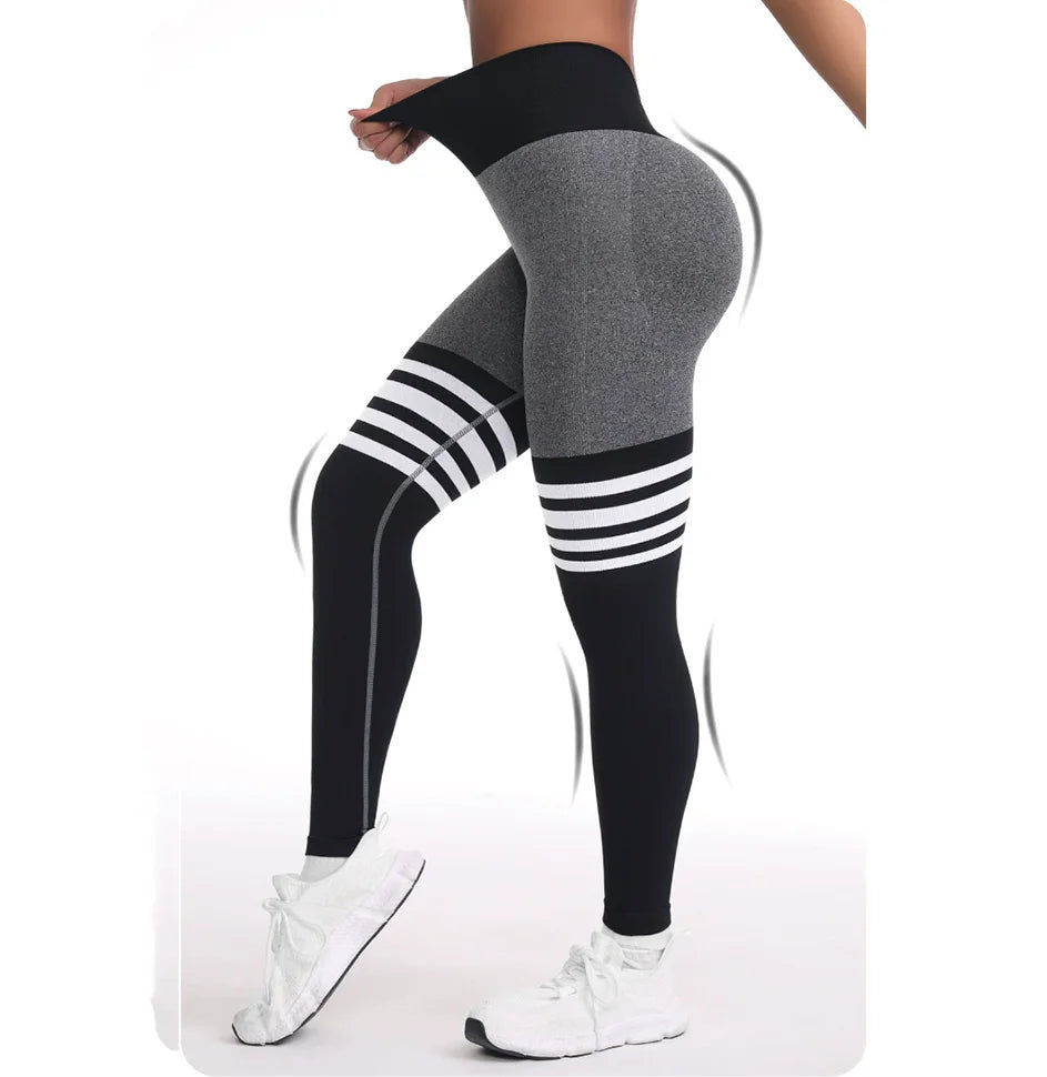 Women Seamless Stripe Yoga Leggings Sexy High Waist Tummy Control Scrunch Butt Lifting GYM Workout Pants Outdoors Sports Fitness