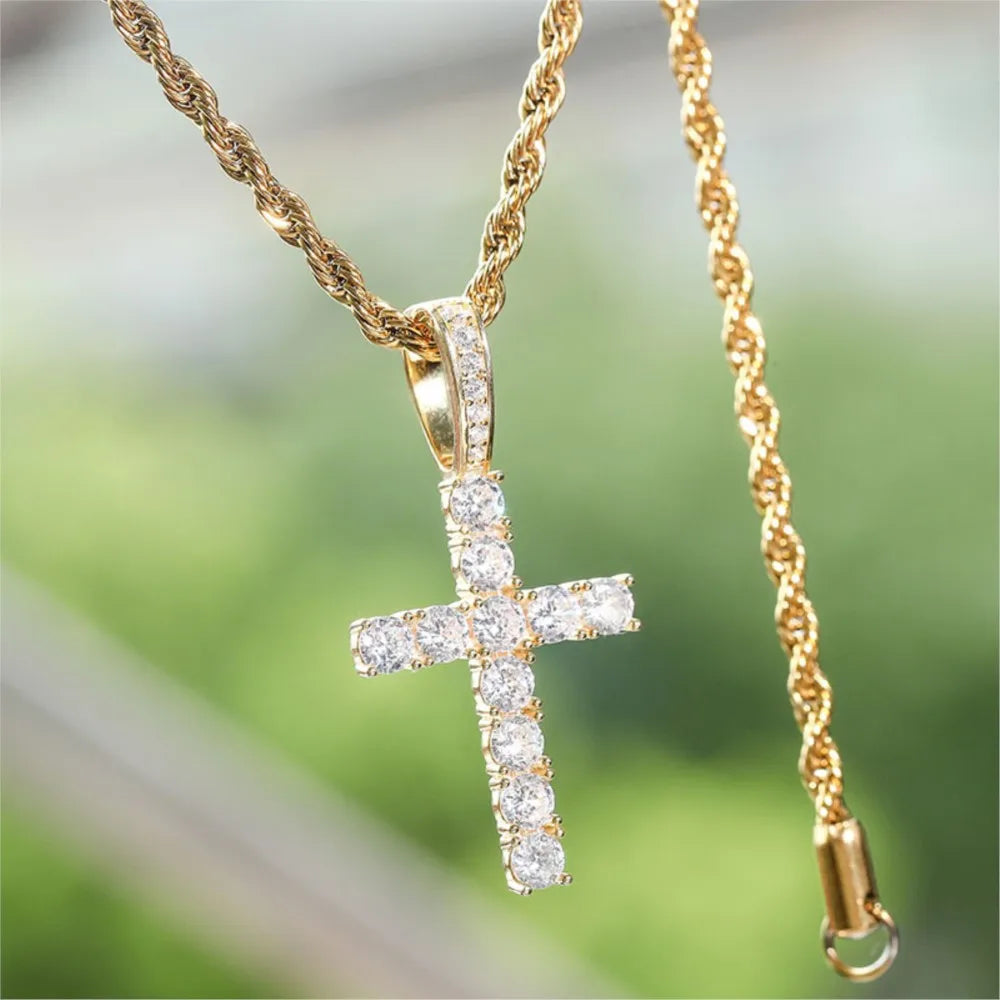 Cross Iced Out Pendant Necklace For Men Hip Hop Delicate Gold Color Cuban Rope Rapper Homme Chain on Neck Accessories OHP145