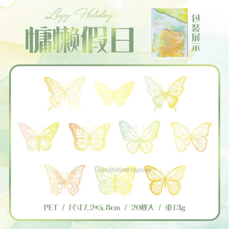 20pcs PET Butterfly Transparent Silver Color Stickers, Holographic Laser Decals for Luggage Laptop Phone Case Mug Decoration