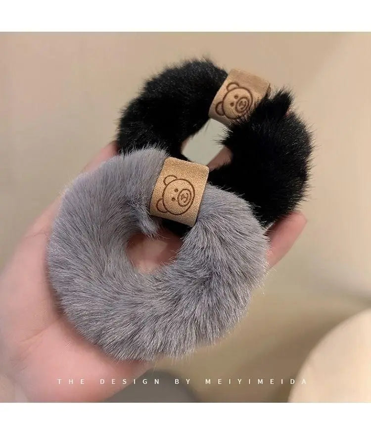 Autumn and Winter Plush Patch Bear Towel Ring Hair Tie Korean Style Hair Accessories Headband Thick High Elastic Hair Rope