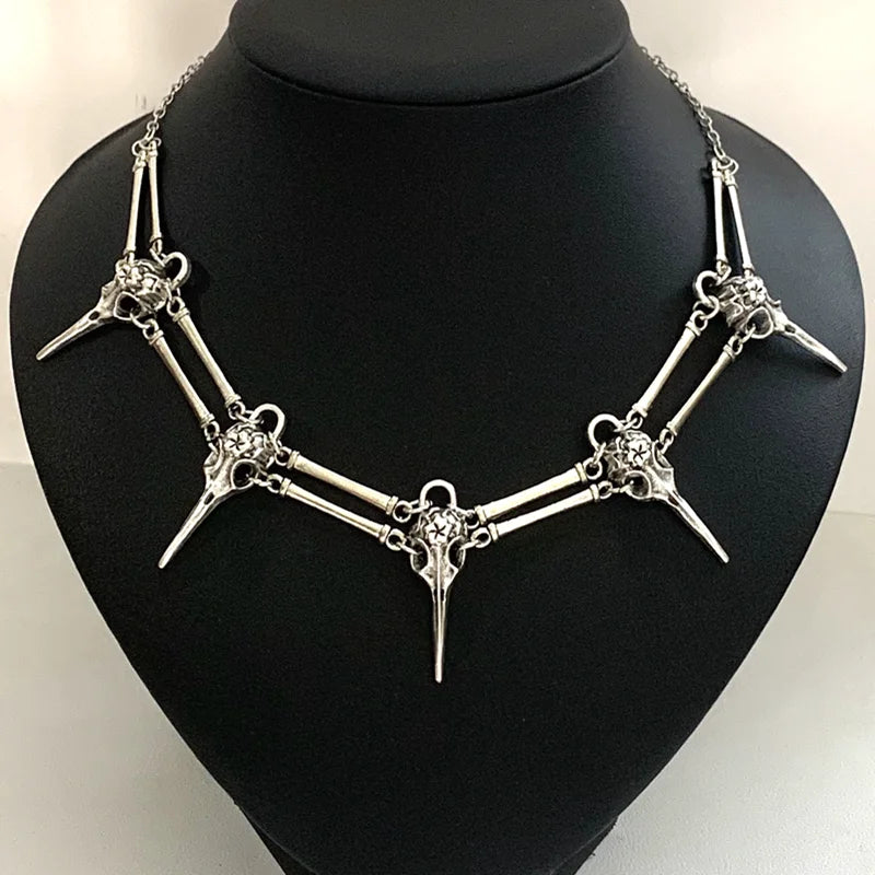 Gothic the raven Pendant Necklace Antiqued Silver Bird Skull, Witch Skull  Necklace Unisex Mens Necklace Boho Statement Necklace