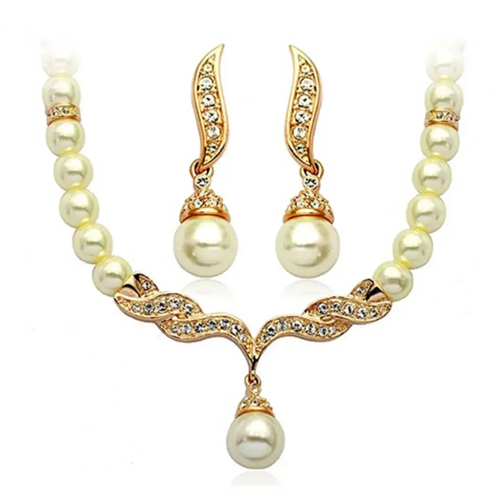 Necklace Earrings Women Jewelry Set Faux Pearl Bridal Wedding Alloy Party Studs Necklace Earrings Set Gifts