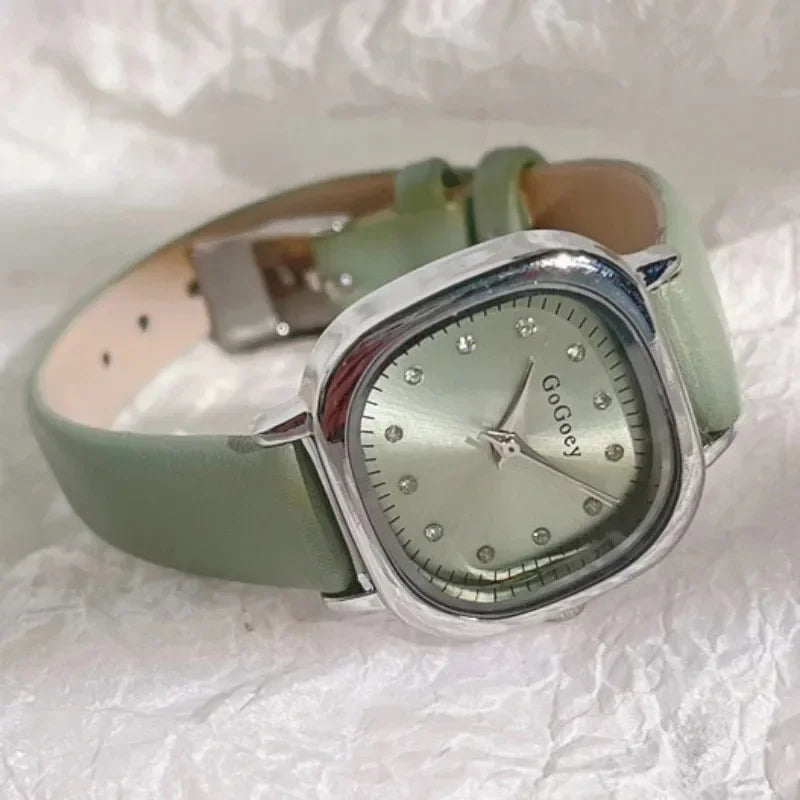 Luxury Women Quartz Watch Leather Strap Small Square Dial Green Watch Casual Fashion Versatile Vintage Wristwatches Dropshipping