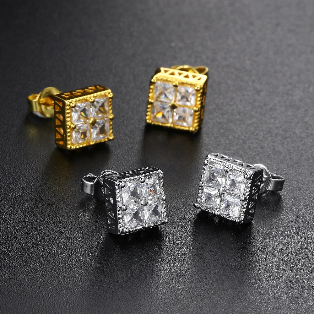 Popular Gold Color Earrings For Men Women Square Silver Color Cubic Zirconia Earings Charm Daily Wear Jewelry Push Back  OHE150