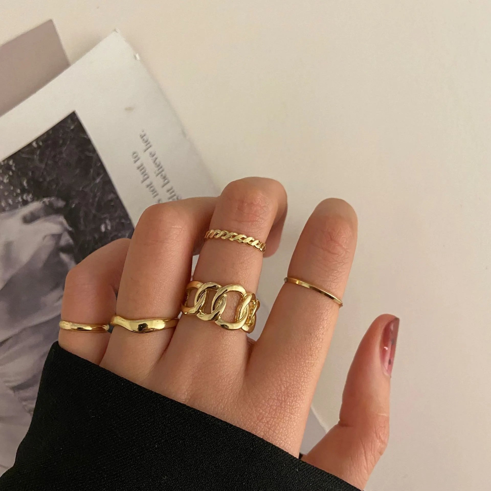 Vintage Korean Gold Silver Color Pearl Rings Set Jewelry For  Girls Butterfly Hollow Heart  Ring For Women Accessories
