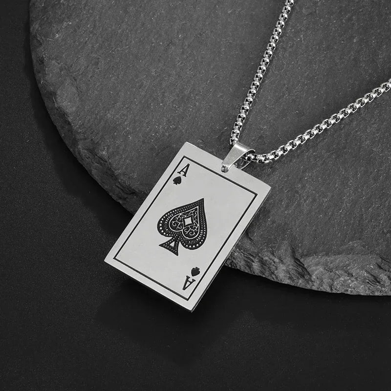 Hip-Hop Iced Out Spades Playing Card Necklace Men\'s Personalized Street Hip-Hop Rock Trend Jewelry Cool Luck Necklace