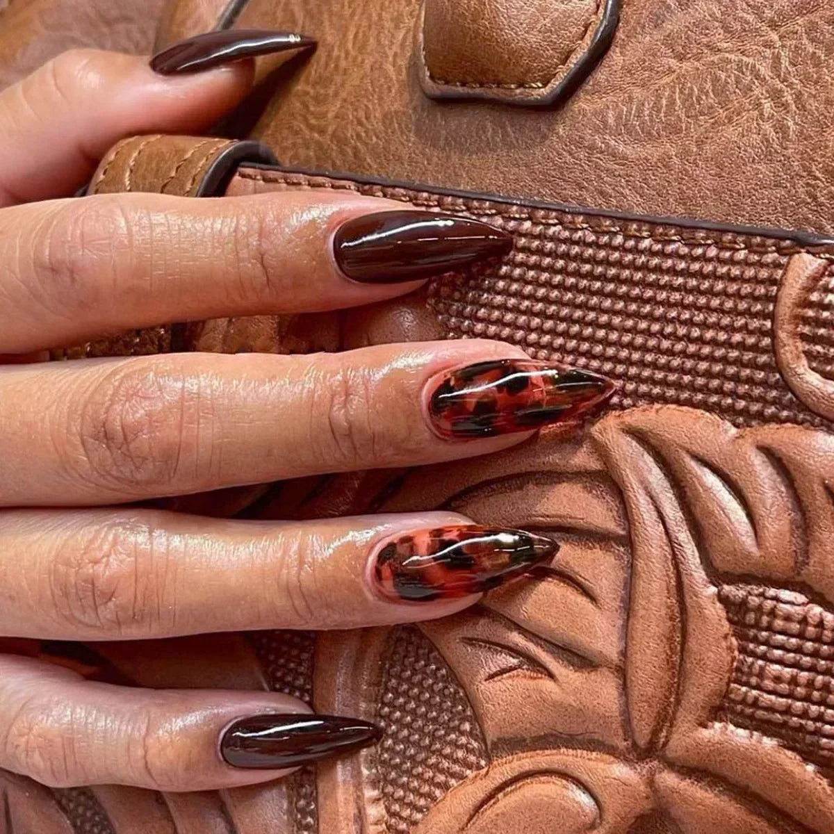 24pcs winter fall leaves brown black false nails with almond French artificial nails with glue short stiletto fake press on nail