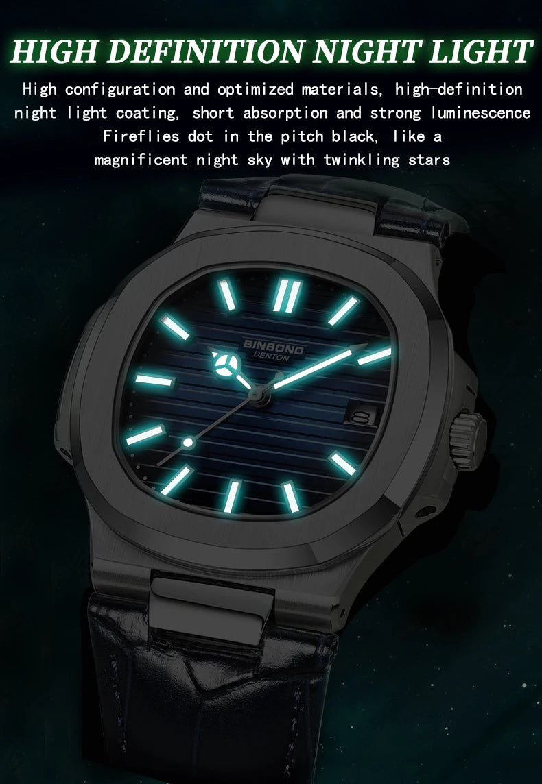 BINBOND Top Luxury Square Man Watch Date Waterproof Luminous Watch High Quality Leather Quartz Men's Watches Relogio Masculino