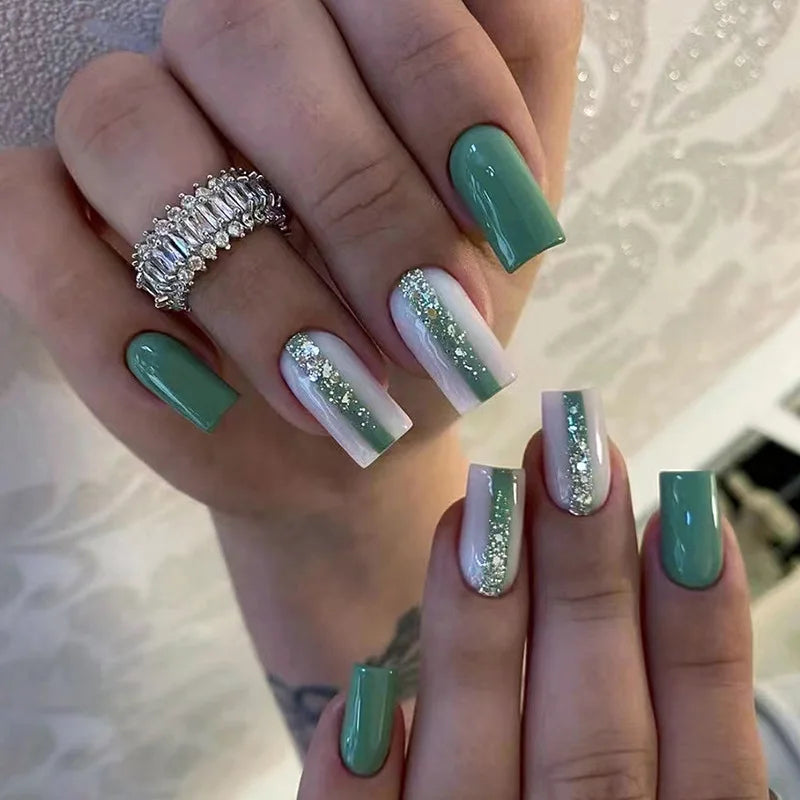 24Pcs Long Coffin Press on Nail Autumn Winter False Nails Glitter Diamond Stick on Nails French Ombre Full Cover Ballet Nail Art