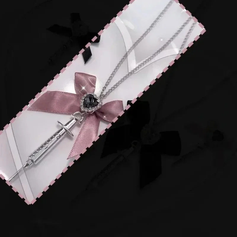 Rhinestone Love Heart Bowknot Metal Syringe Pendant Necklace for Women Dark Lolita Cool Trend Jewelry Gothic Fashion Accessories