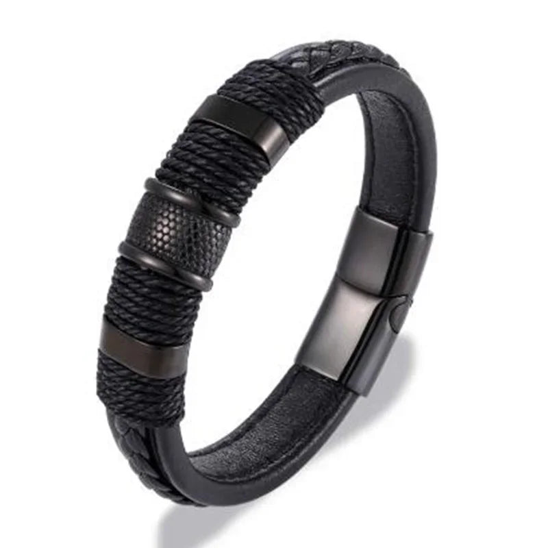 Men\\\\'s Classic Black Leather Bracelet Metal Magnetic Buckle Fashion Bracelet Jewelry Casual Daily All-Match Jewelry