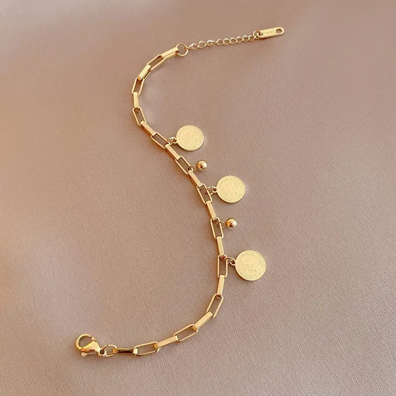 1pcs Gold-color Bracelet Ladies Hip Hop Style Stainless Steel Round Sign Portrait Pendant Wide Cross Chain Jewelry