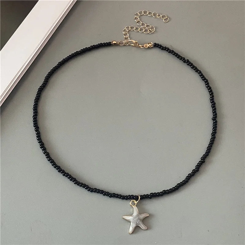4 Colors Fashion Starfish Choker Necklace for Men Women White Black Blue Colorful Rice Beads Gift for Friend  Short Collar