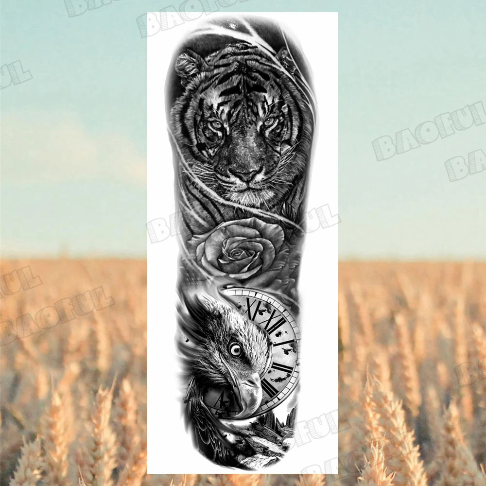 Arm Sleeve Temporary Tattoos For Women Men Realistic Wolf Lion Rosette War Maori Flower Fake Tattoo Stickers Sexy Thigh Tatoos