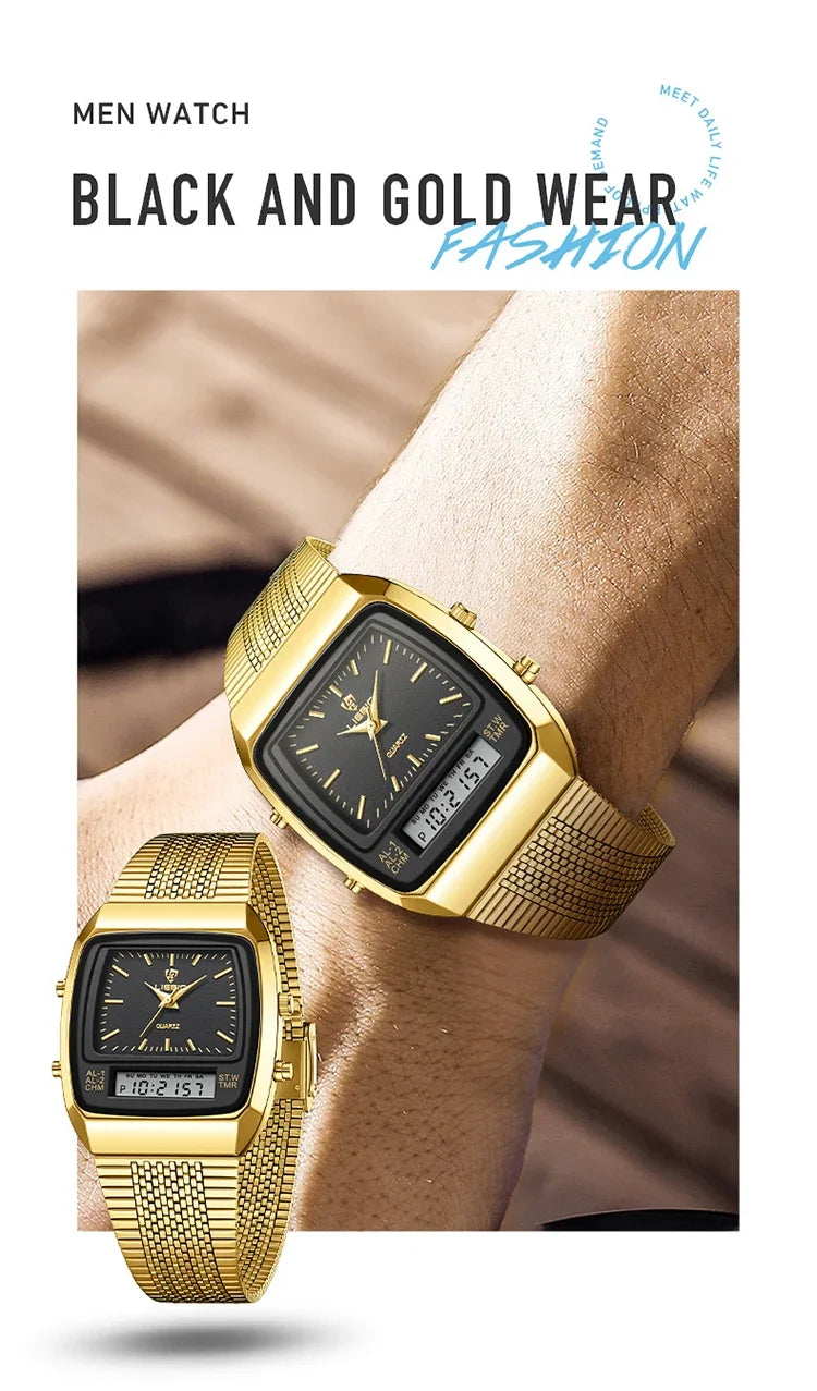 New Golden Steel Strap Quartz Sport Watch Mens Dual Time Week Display Digital Wristwatches Waterproof Clock Reloj Hombre