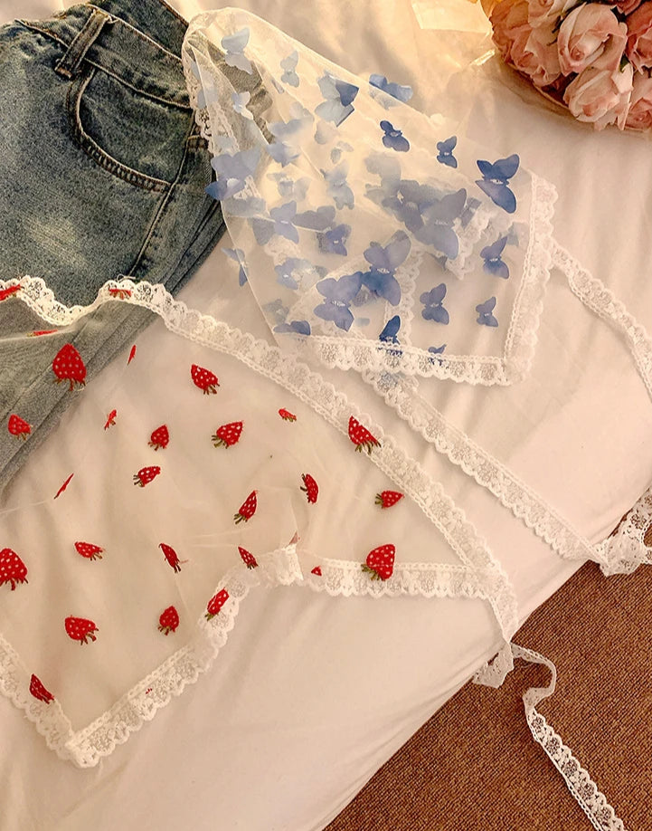 Dopamine Butterfly French Fairy Lace Triangle Headscarf Women's DIY Headwear Mesh Silk Scarf Hairband Summer Beach Accessories