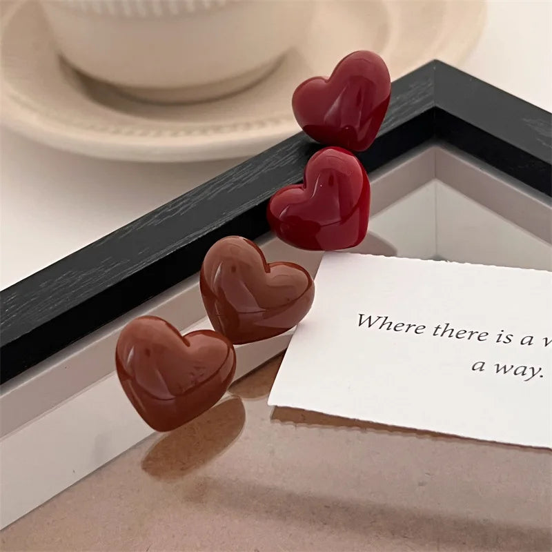 Vintage Cute Red Love Heart Stud Earrings for Women 2024 Korean Fashion Charm Wedding Bride Jewelry Accessories Anniversary Gift