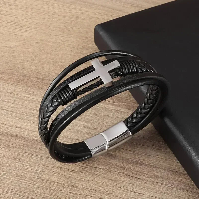Classic Vintage Magnetic Buckle X Pendant Black Leather Bracelet, Suitable for Men\\\\\\'s Fashion Casual Rock Jewelry