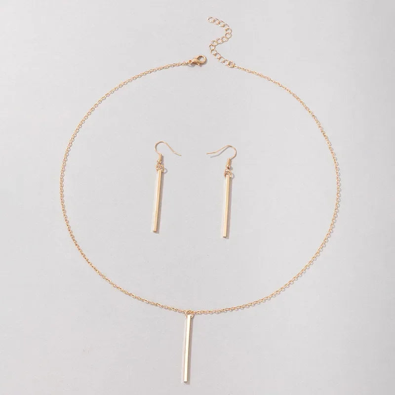 Elegant Gold Stick Jewelry Sets for Women Pendant Necklace Drop Earring Simlpe Adjustable Geometry Wedding Jewelry