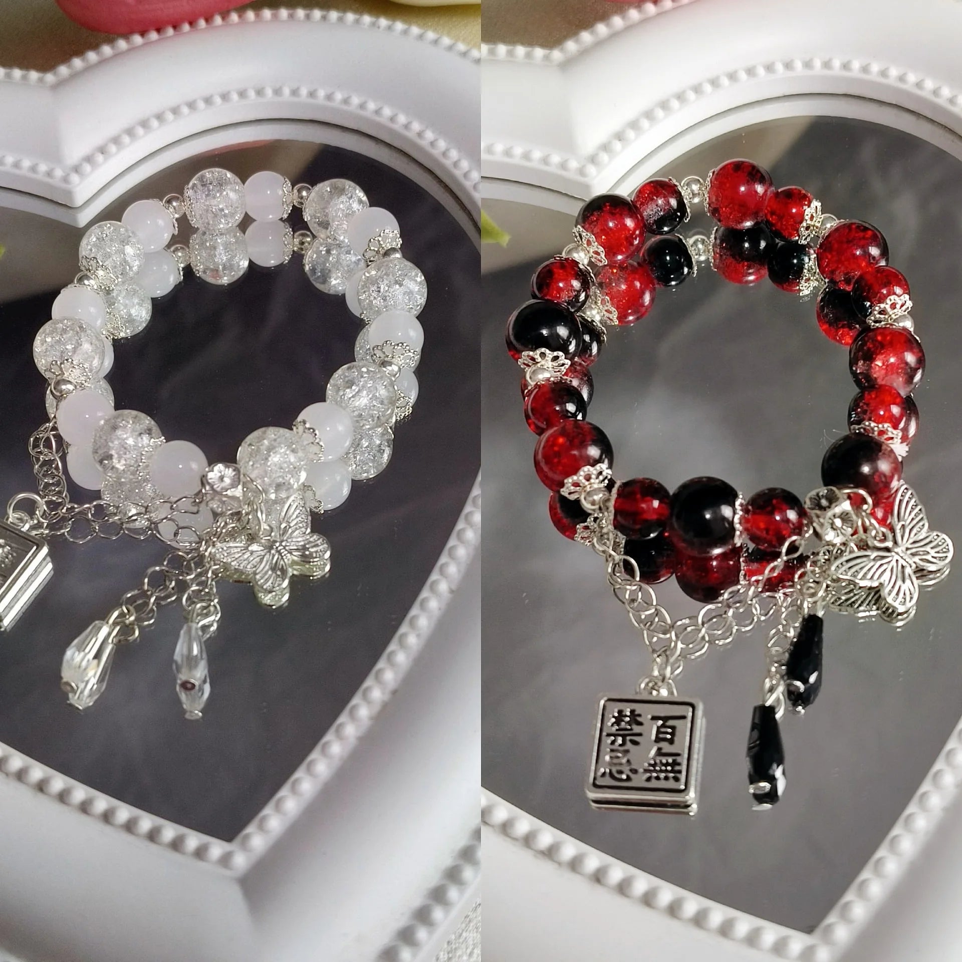 Fashion Vintage Red Beaded Chain Bracelet for Women Butterfly Pendant Charm Bracelets Anime Tian Guan Ci Fu Jewelry Accessories