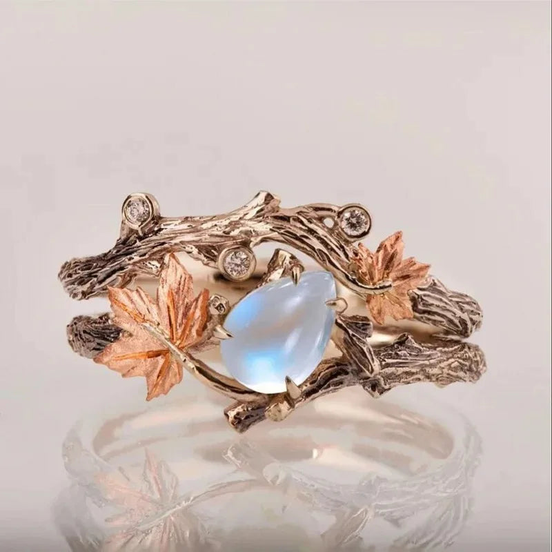 Vintage Antique Gold Twig Maple Leaf Moonstone Ring for Women Girls Light Luxury Ring Jewelry Accessories Anniversary Gifts