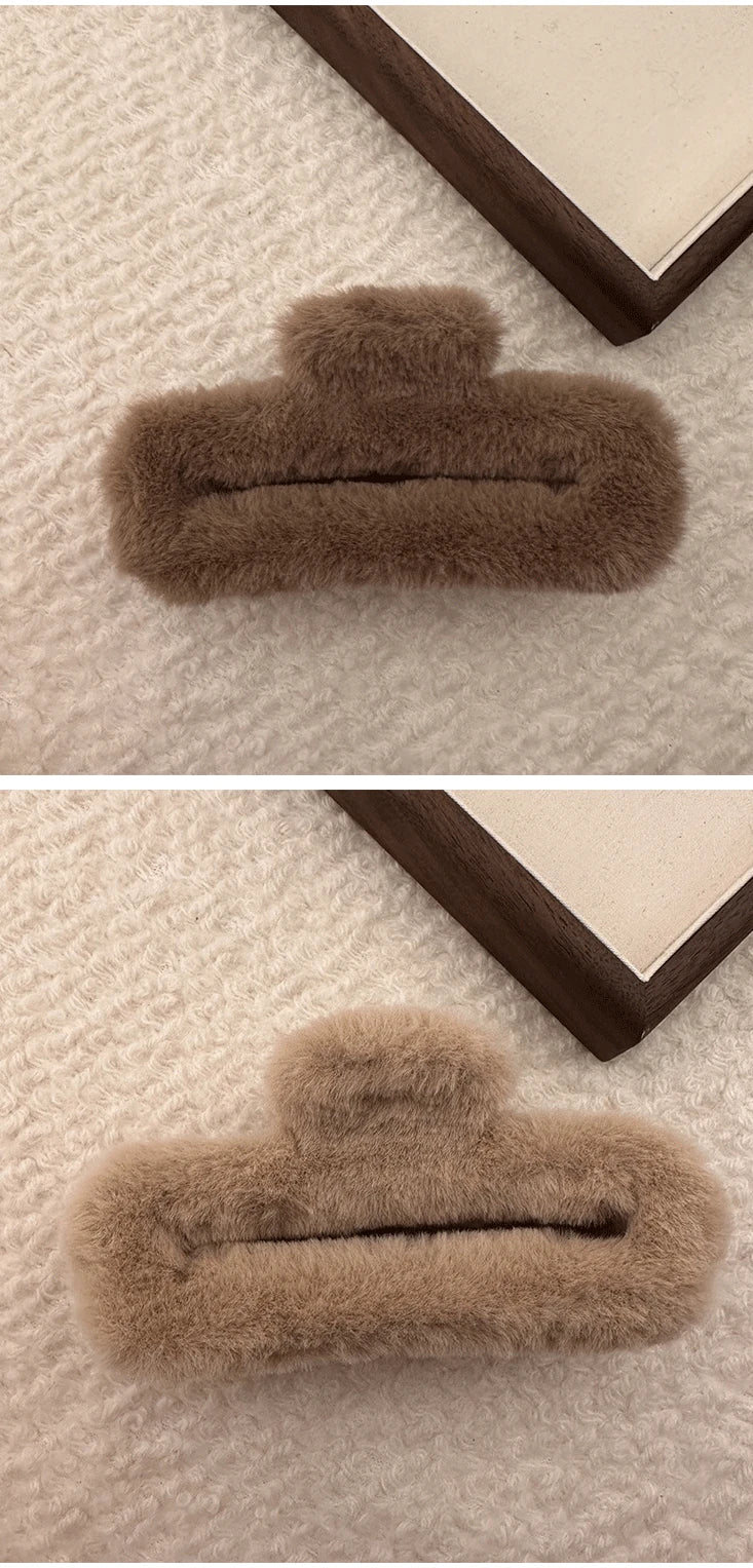 Winter Plush Square Hair Claw for Women Korean Elegant Acrylic Hairpins Faux Fur Hair Clip Pink Barrette Crab Hair Accessories