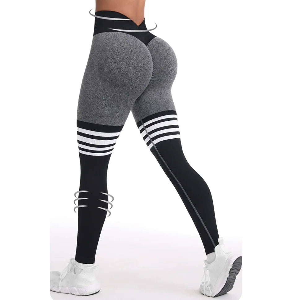 Women Seamless Stripe Yoga Leggings Sexy High Waist Tummy Control Scrunch Butt Lifting GYM Workout Pants Outdoors Sports Fitness