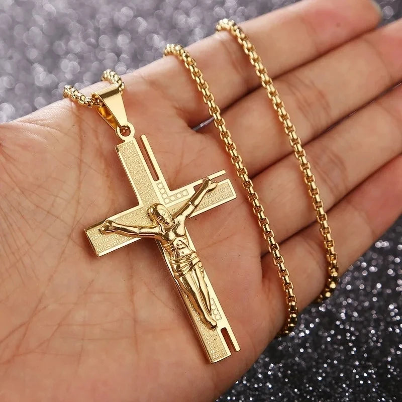 Vintage Jesus Christ Cross Pendant Necklace Men Women Catholic Religious Lucky Faith Jewelry