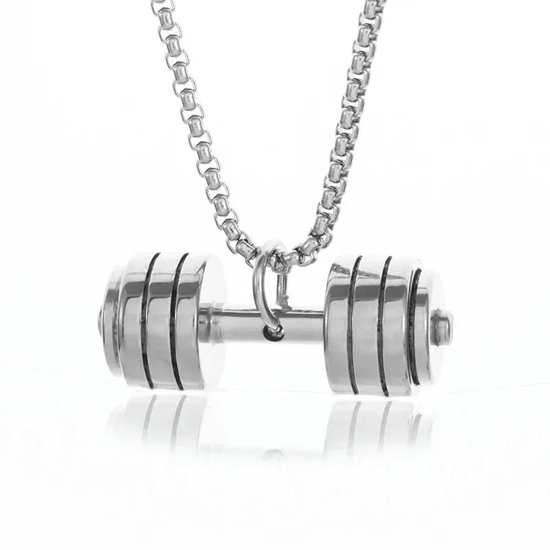 Cool Titanium Steel Dumbbell Pendant Necklace Barbell Fitness Pendant Men and Women Leisure Sports Punk Jewelry