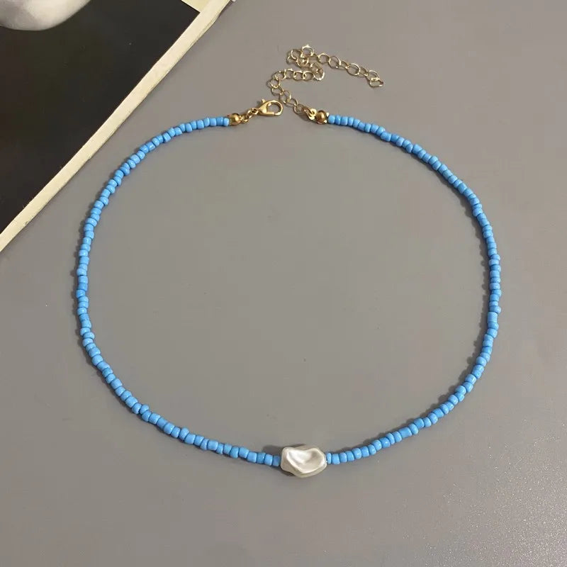 Fashion Boho Beads Necklace Women Imitation Pearl Seed Beaded Strand Short Choker Necklace Handmade Female Jewelry Wholesale