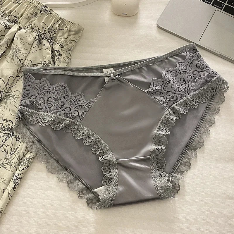 High-quality Satin Panties Soild Color Breathable Underwear Women French Sexy Lace Bow Lingerie Mid-waist Thin Mesh Briefs 도매