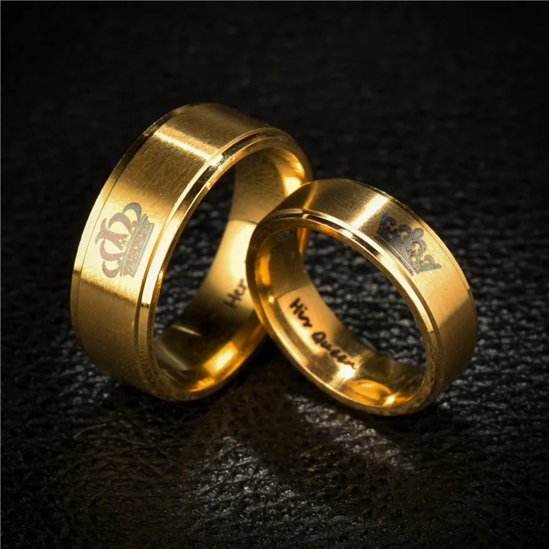 Gold Colour King Queen Crown Stainless Steel Couple Rings for Lovers Promise Men Women Valentine's Day Gifts