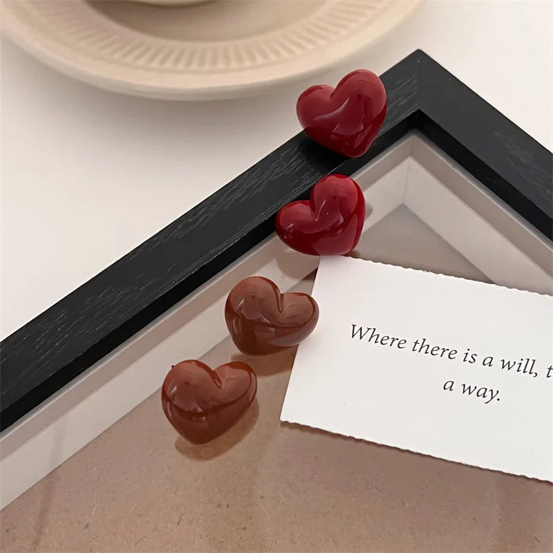 Vintage Cute Red Love Heart Stud Earrings for Women 2024 Korean Fashion Charm Wedding Bride Jewelry Accessories Anniversary Gift