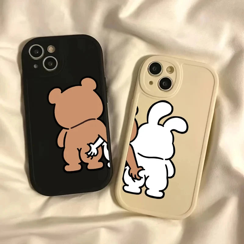 Funny Cartoon pinch butt bear rabbit Couple Phone Case for IPhone 14 13 12 15 11 Pro Max Mini 7 8 Plus SE X XR XS Max Soft Cover