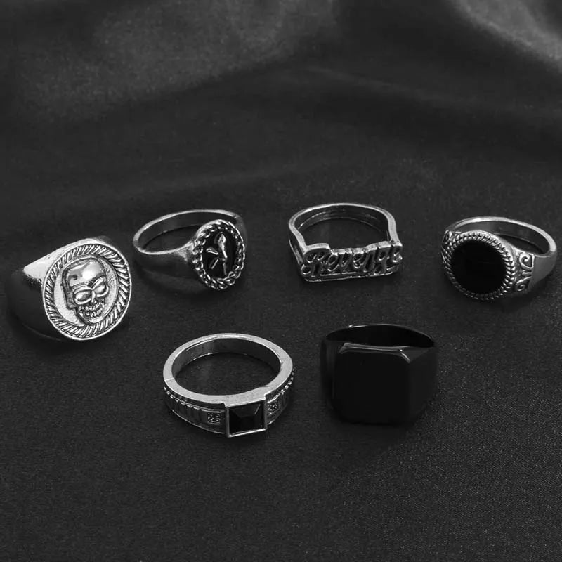 6Pcs/Set Vintage Silver Color Skeleton Skull Rings Set For Men Women Punk Gothic Metal Geometric Knuckle Ring Jewelry Anillos