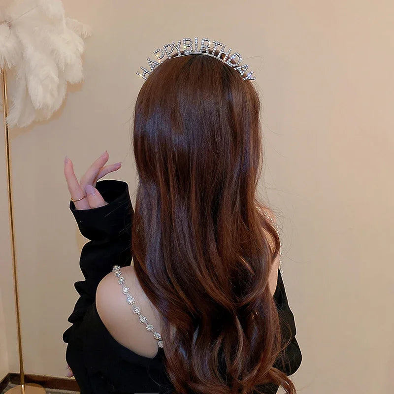 Shiny Rhinestone English Letters Happy Birthday Headband for Women Zinc Alloy Material  Party Jewelry Popular Hair Accessory