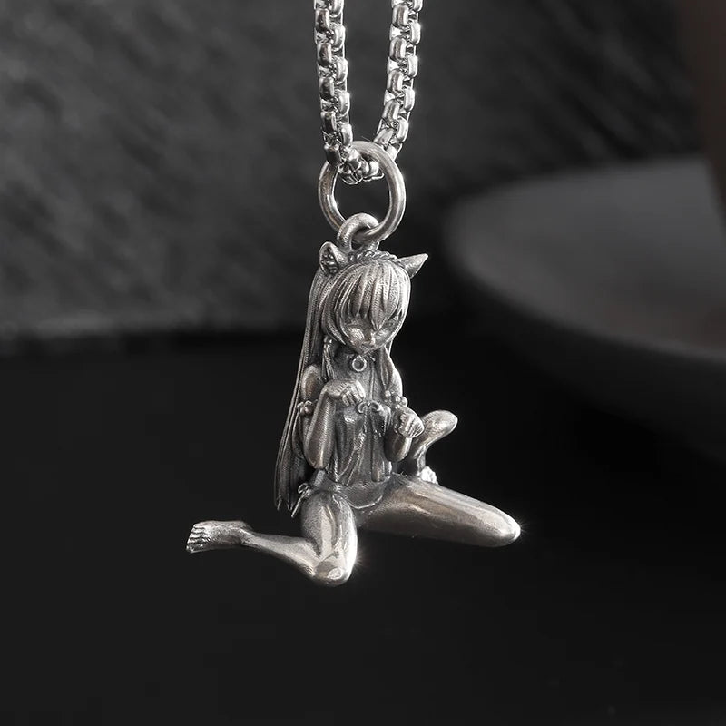 Silver-Plated Anime Mecha Beautiful Girl Girl Pendant Necklace Men and Women Hip-Hop Rock Punk Trendy Jewelry Gift