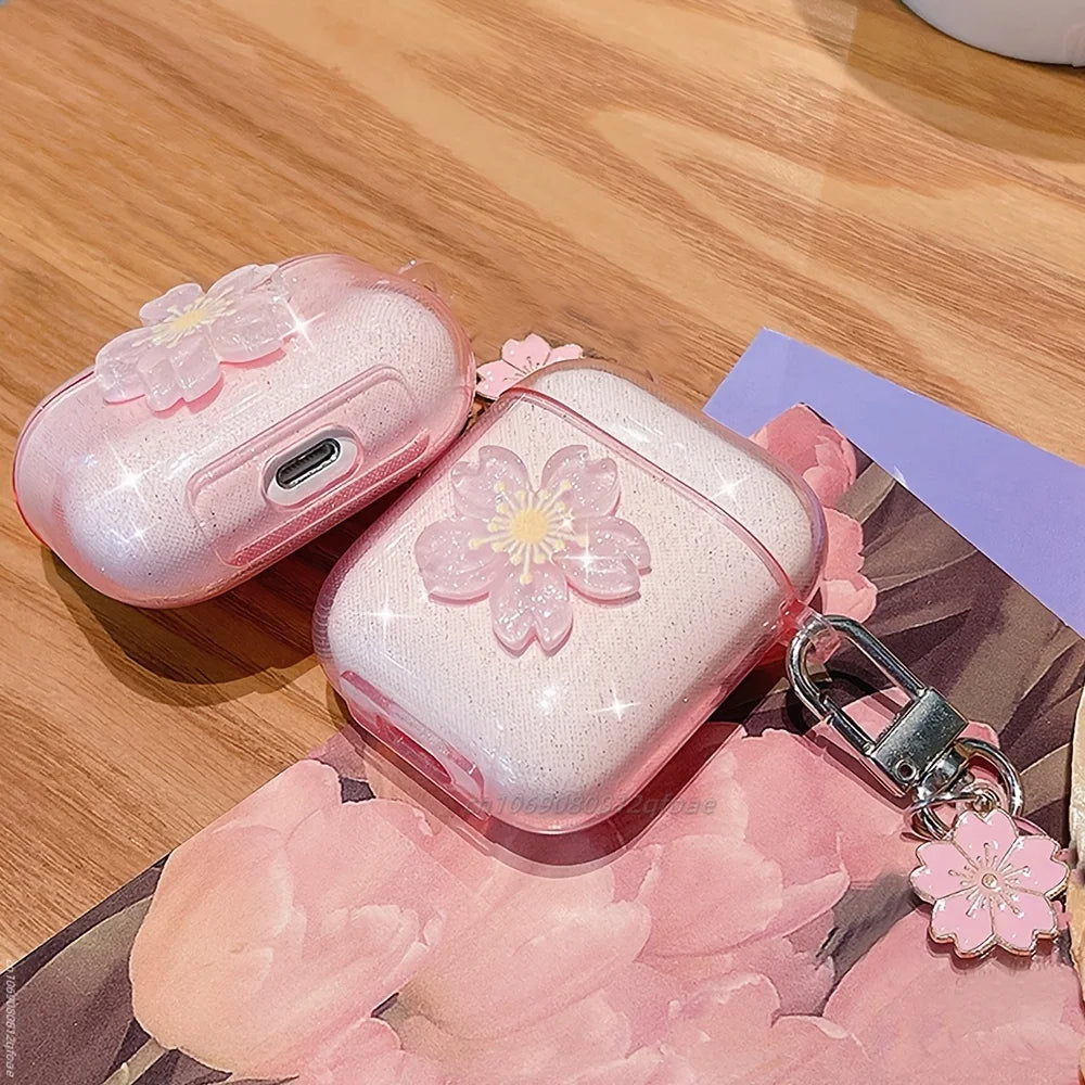 Sparkling Pink Cherry Blossom Suitable Cases for Apple AirPods Pro 1/2/3 Generation Wireless Bluetooth Earphone Case Transparent