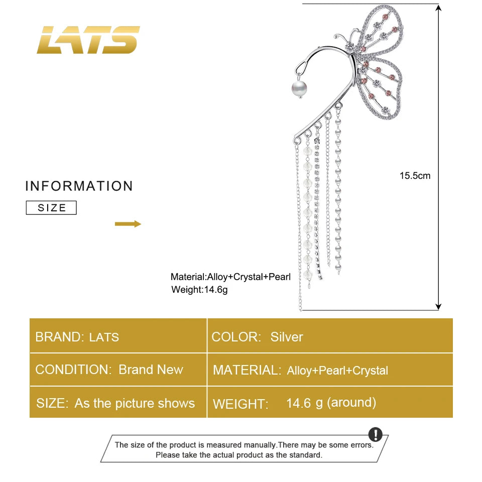 LATS Fashion Crystal Butterfly Clip Earring for Women Pearl Bead Ear Cuff Long Tassels Charm Hollow Earrings Clip Jewelry Gifts