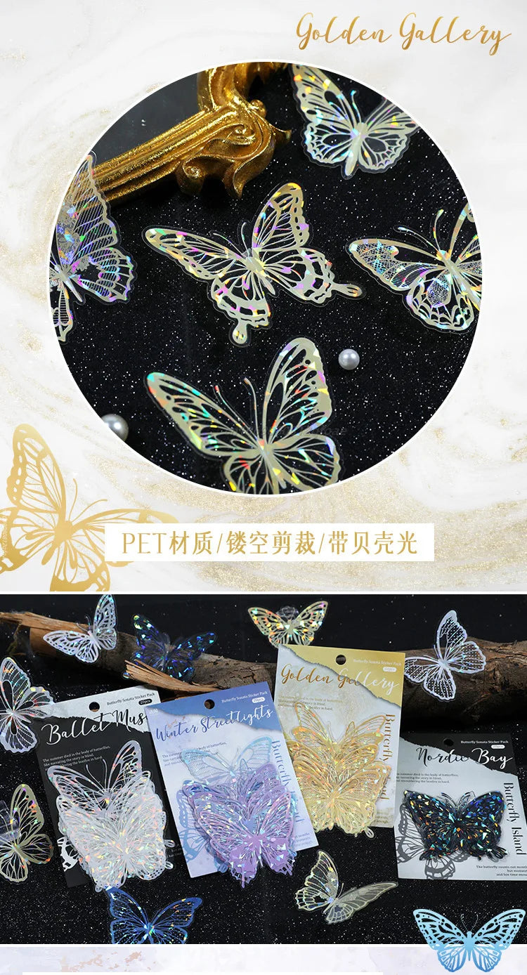 20pcs PET Butterfly Transparent Silver Color Stickers, Holographic Laser Decals for Luggage Laptop Phone Case Mug Decoration