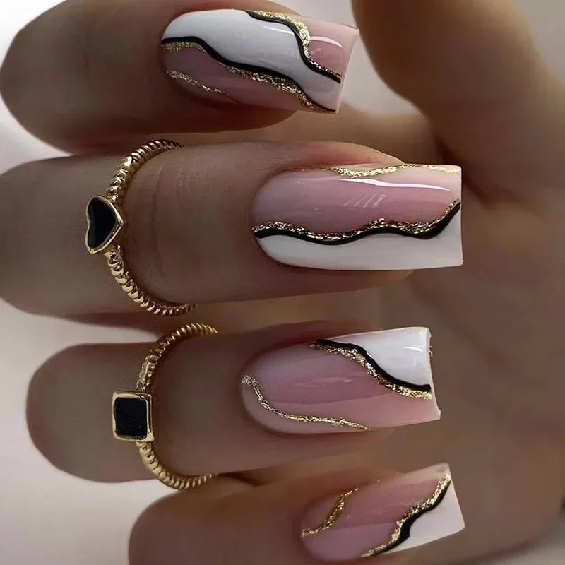 24Pcs Long Coffin Press on Nail Autumn Winter False Nails Glitter Diamond Stick on Nails French Ombre Full Cover Ballet Nail Art