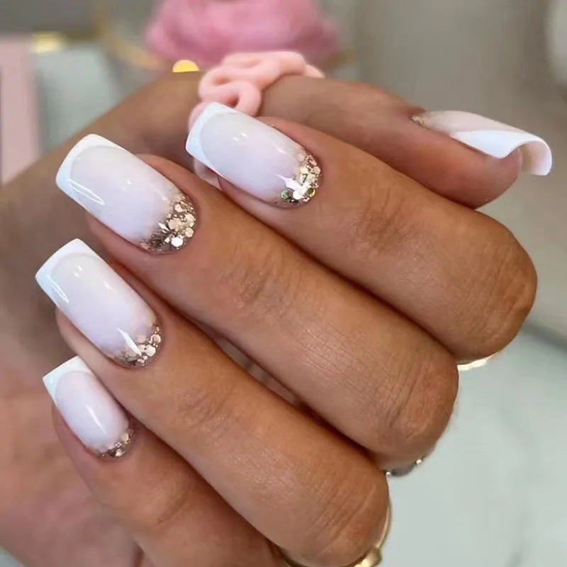 24Pcs Long Coffin Press on Nail Autumn Winter False Nails Glitter Diamond Stick on Nails French Ombre Full Cover Ballet Nail Art