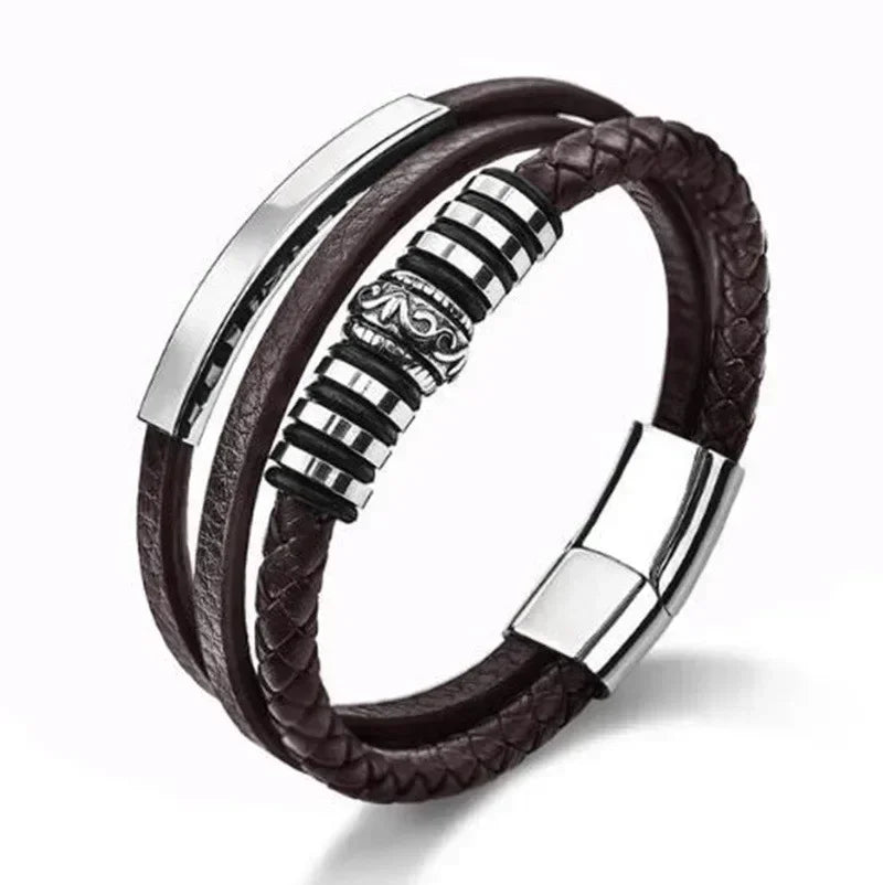 Classic Vintage Magnetic Buckle X Pendant Black Leather Bracelet, Suitable for Men\\\\\\'s Fashion Casual Rock Jewelry