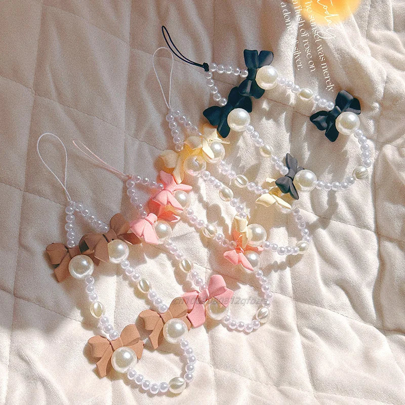 1pc Charm Bowknot Mobile Phone Chains For Women Girls Telephone Charm Strap Pink Black Acrylic Pearl Beaded Lanyard Jewelry Gift
