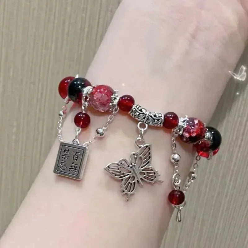 Fashion Vintage Red Beaded Chain Bracelet for Women Butterfly Pendant Charm Bracelets Anime Tian Guan Ci Fu Jewelry Accessories