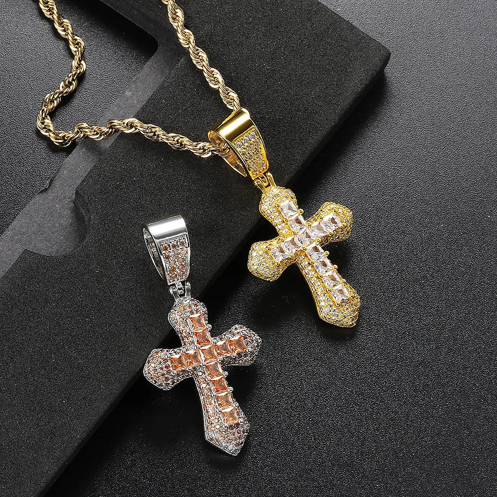 Luxury Inlaid CZ Cross Hiphop Pendant Rope Chain Necklaces for Men Women Punk Personality Rapper Accessory Fashion Neck Jewelry