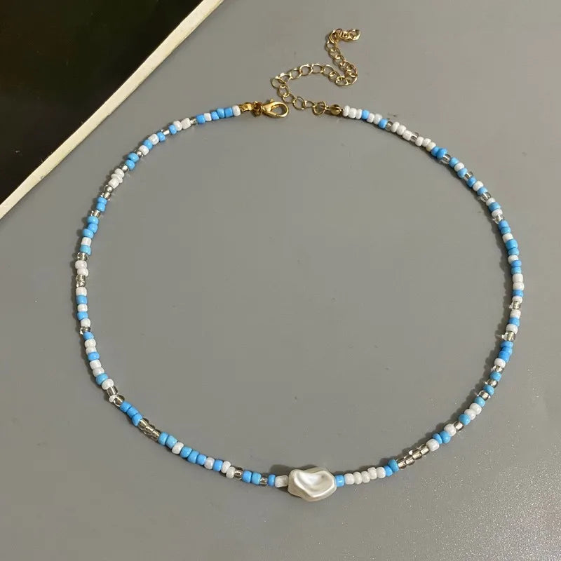 Fashion Boho Beads Necklace Women Imitation Pearl Seed Beaded Strand Short Choker Necklace Handmade Female Jewelry Wholesale