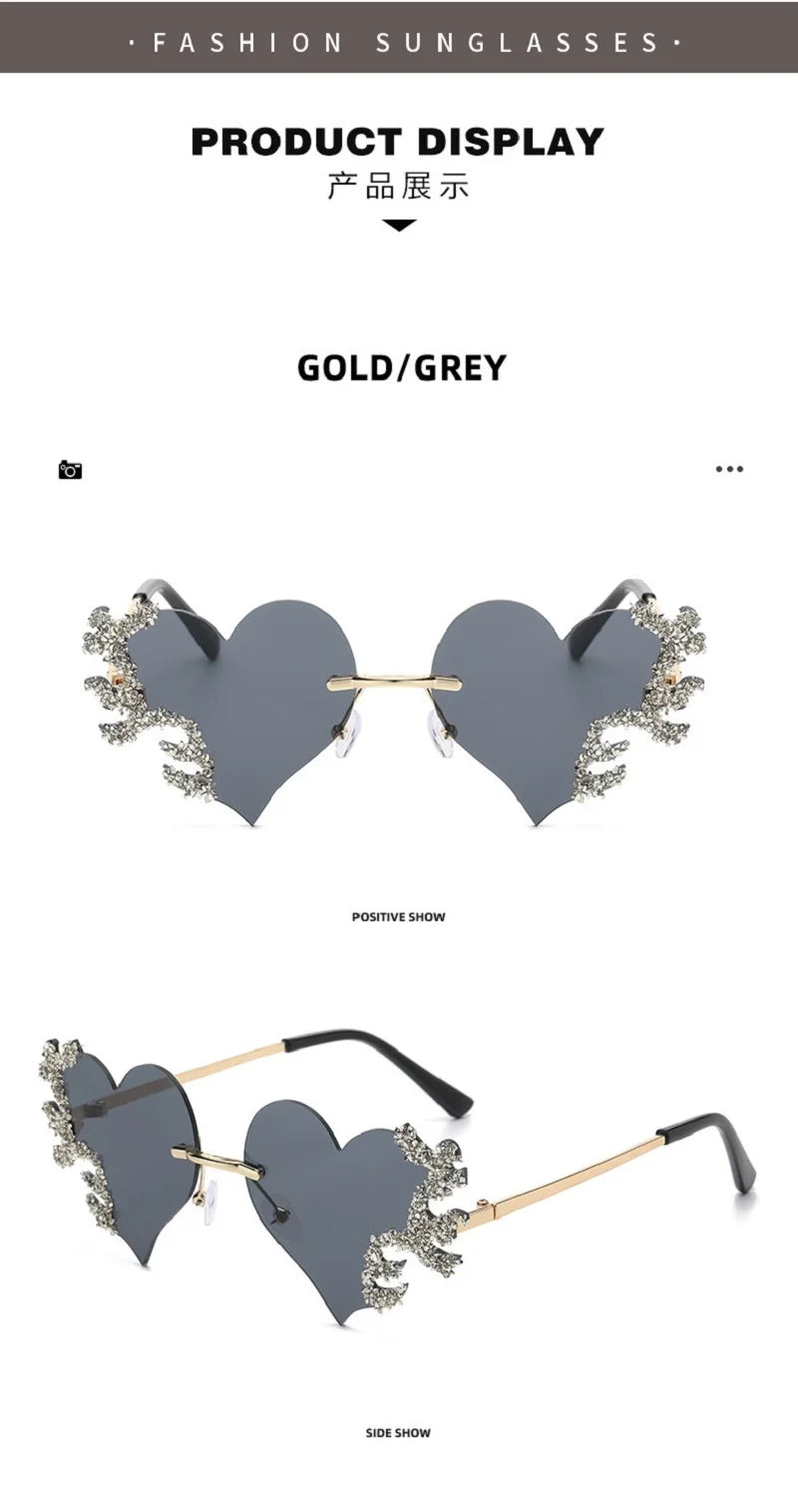 2024 Fashion Heart Shaped Sunglasses Luxury Diamond Funny Personality Rimless Sun Glasses Halloween Party Christmas Decoration