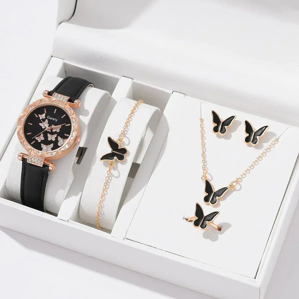 1/6PCS Set Luxury Watch Women Ring Necklace Earrings Rhinestone Fashion Wristwatch Ladies Casual Watches Bracelet Set Clock